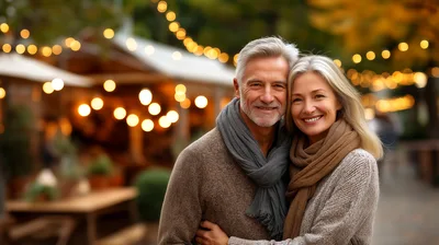 Happy Mature Couple Embracing Outdoors At Night