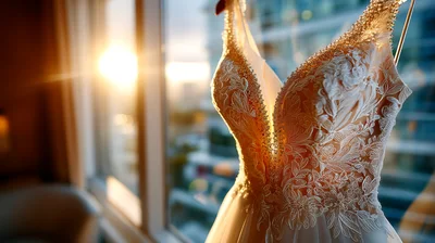 Elegant Wedding Dress Hanging Against A Sunny Window