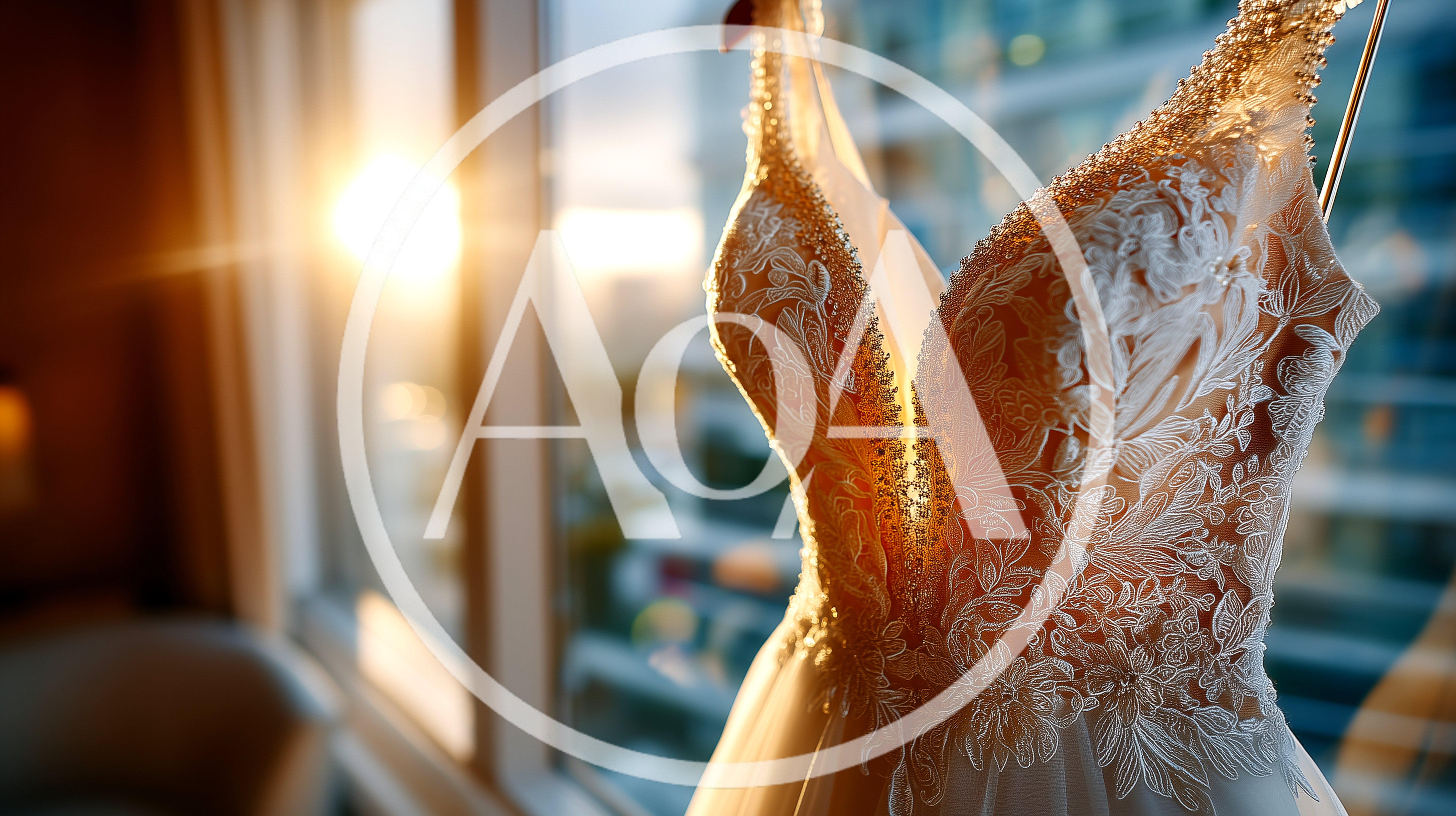 Elegant Wedding Dress Hanging Against A Sunny Window