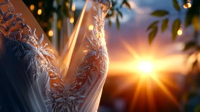 Elegant Wedding Dress Hanging Outdoors At Sunset