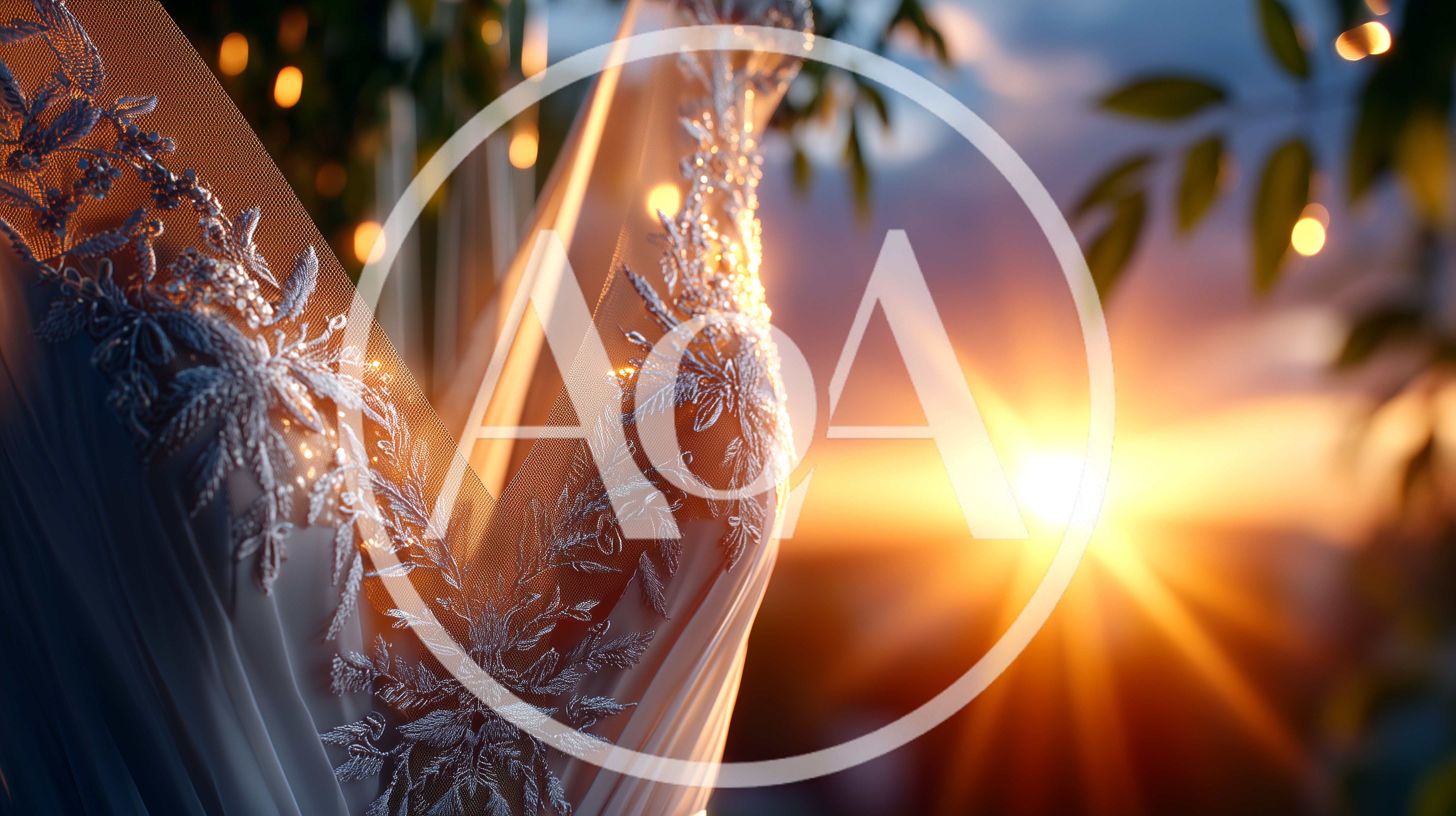 Elegant Wedding Dress Hanging Outdoors At Sunset
