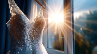 Elegant White Wedding Dress Hanging By A Sunny Window