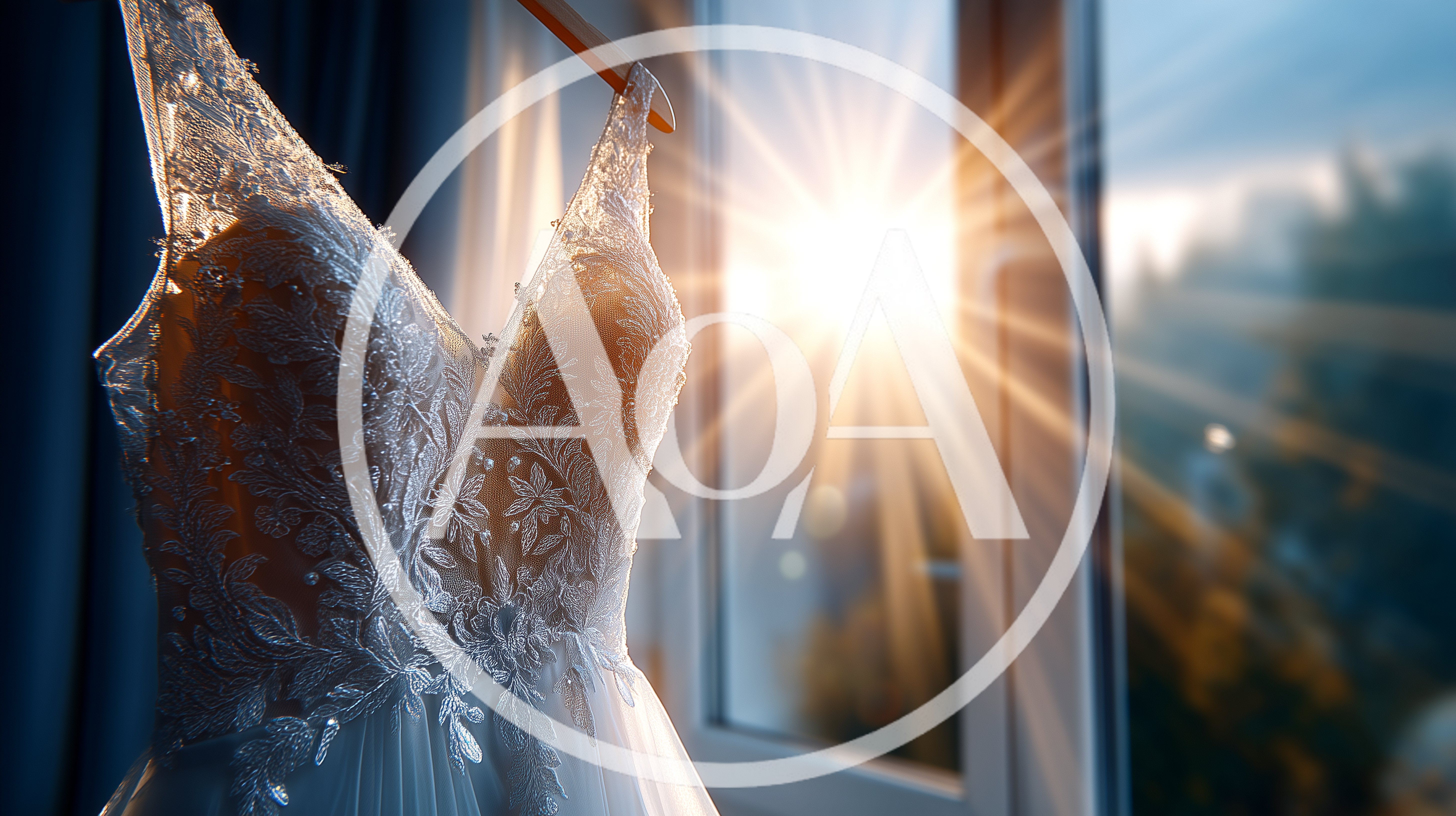 Elegant White Wedding Dress Hanging By A Sunny Window