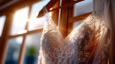 Elegant White Wedding Dress Hanging By A Window