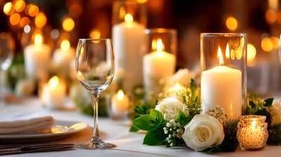 Elegant Candlelit Dinner Table Setting With White Roses