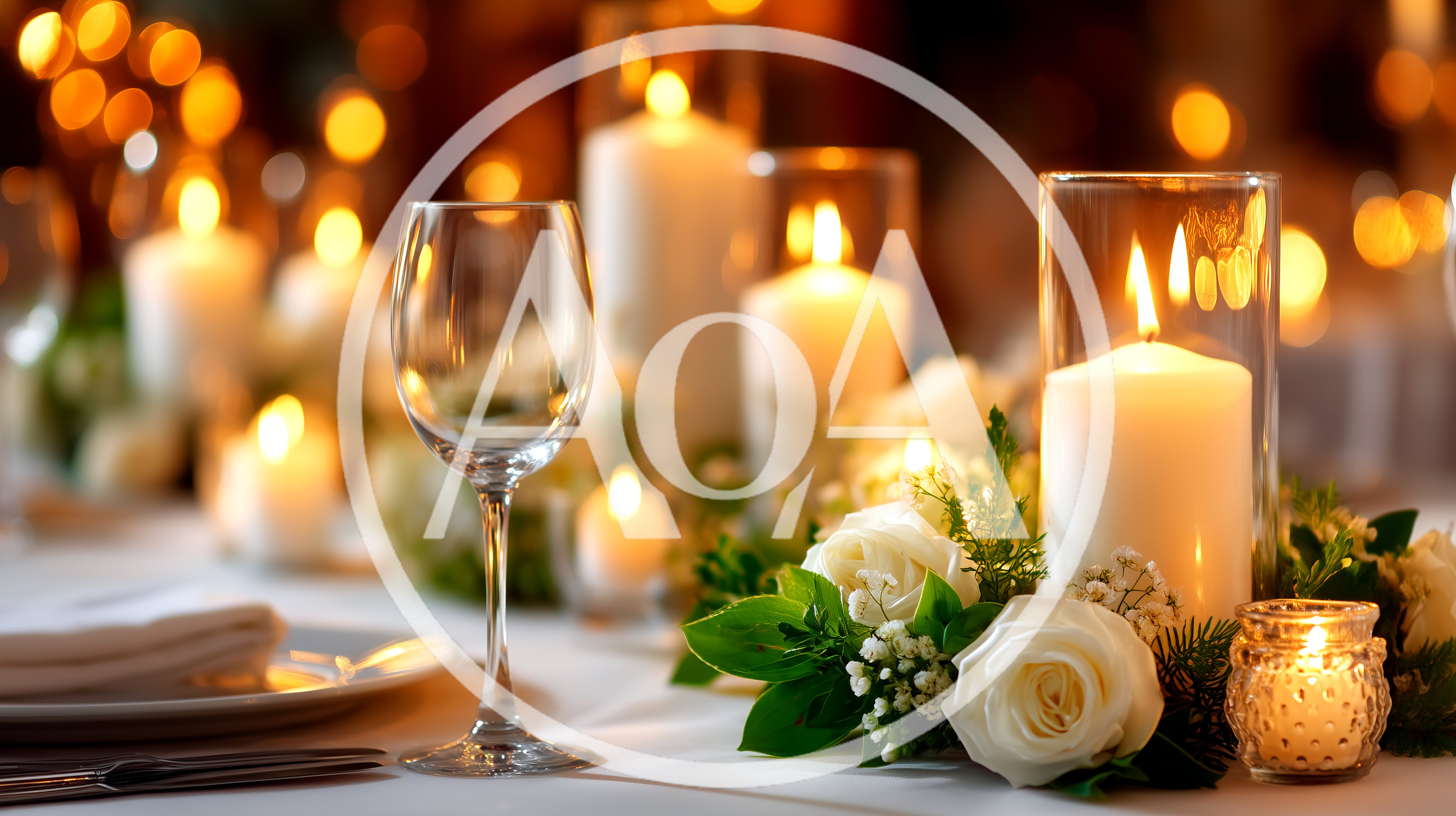 Elegant Candlelit Dinner Table Setting With White Roses