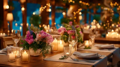 Elegant Dinner Table Setting With Candles And Flowers