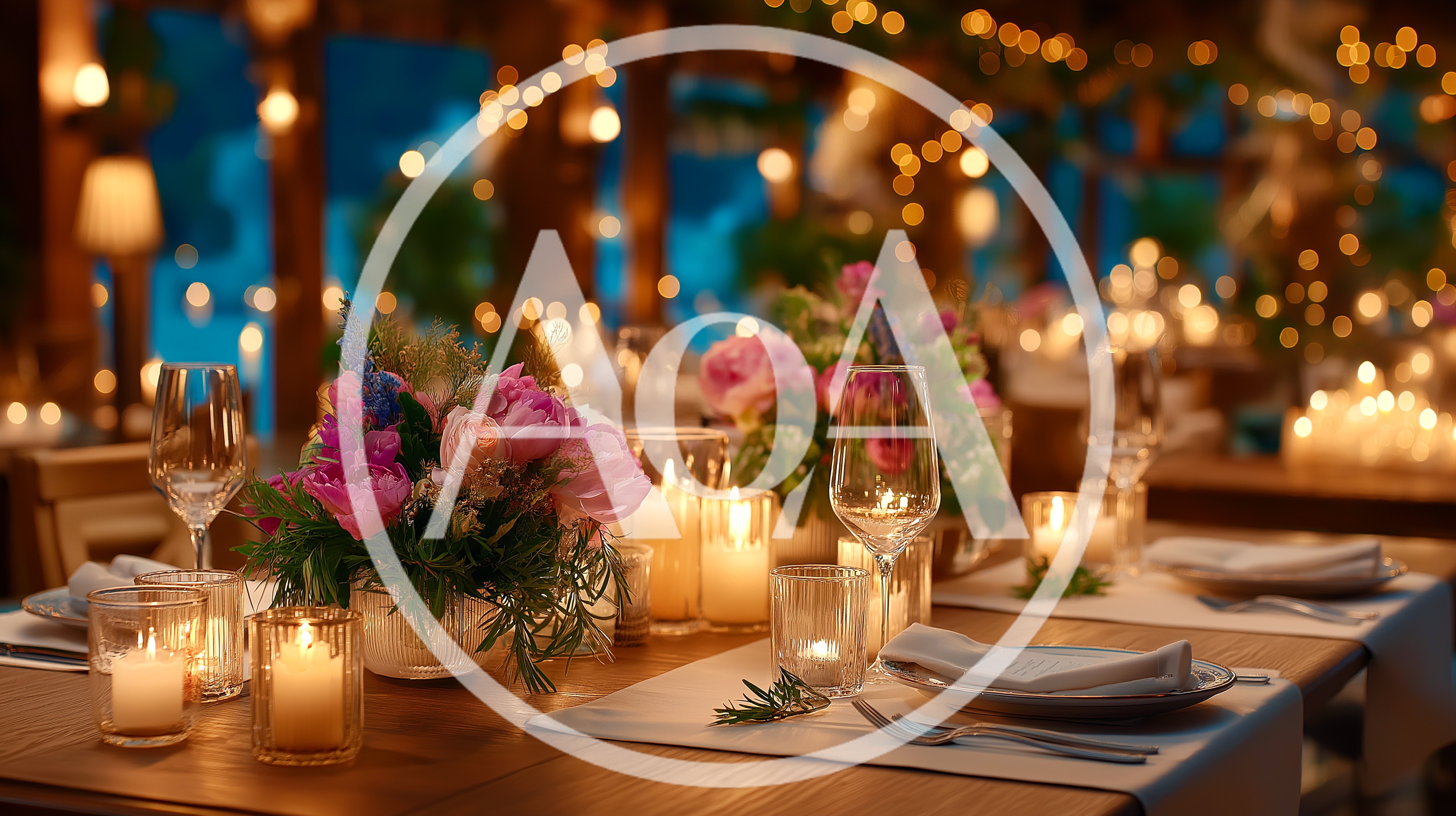 Elegant Dinner Table Setting With Candles And Flowers