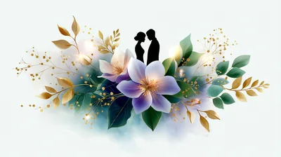 Romantic Silhouette Couple Surrounded By Watercolor Floral Arrangement