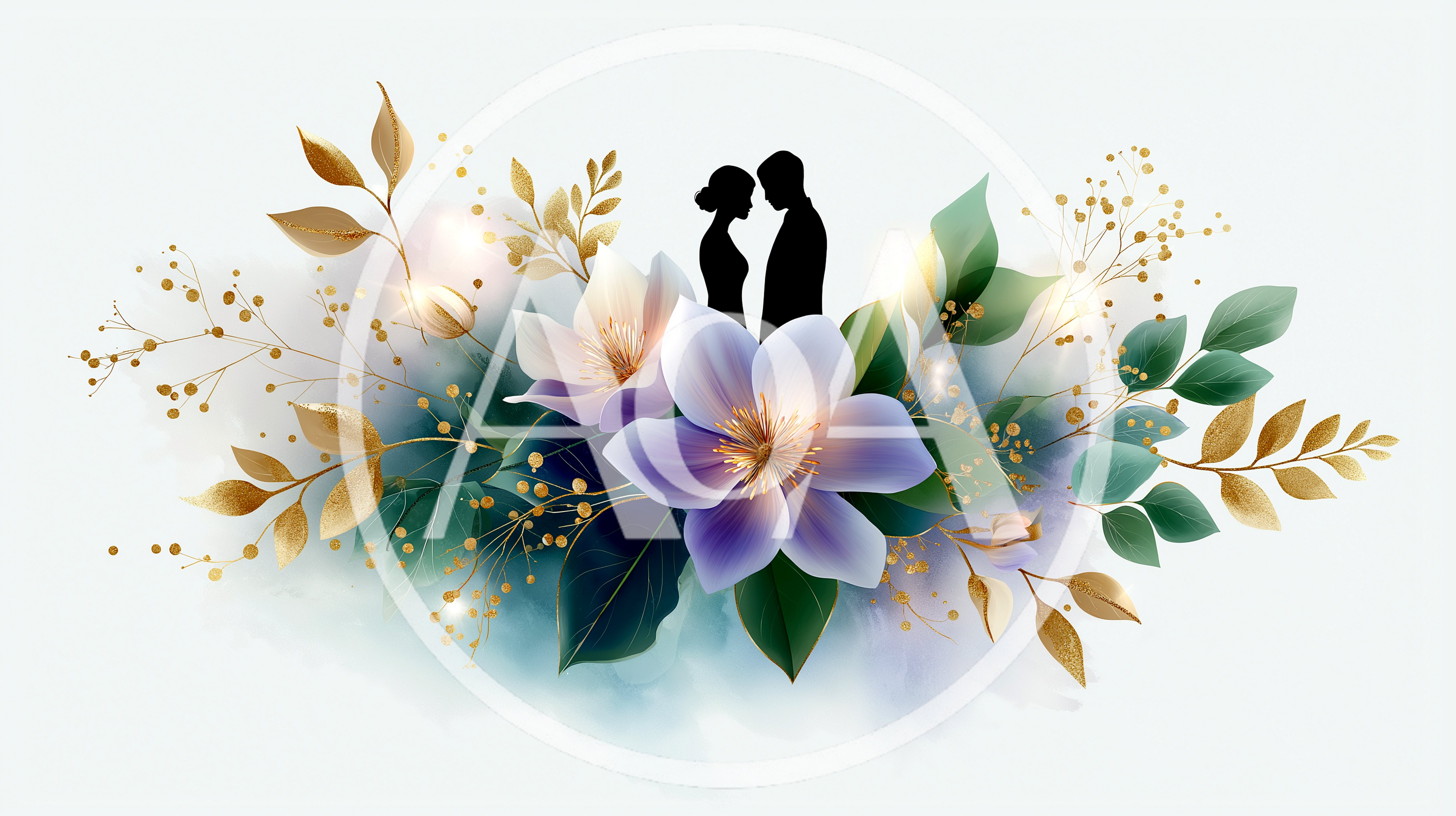 Romantic Silhouette Couple Surrounded By Watercolor Floral Arrangement