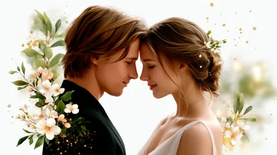Romantic Couple Foreheads Touching With Floral Accents