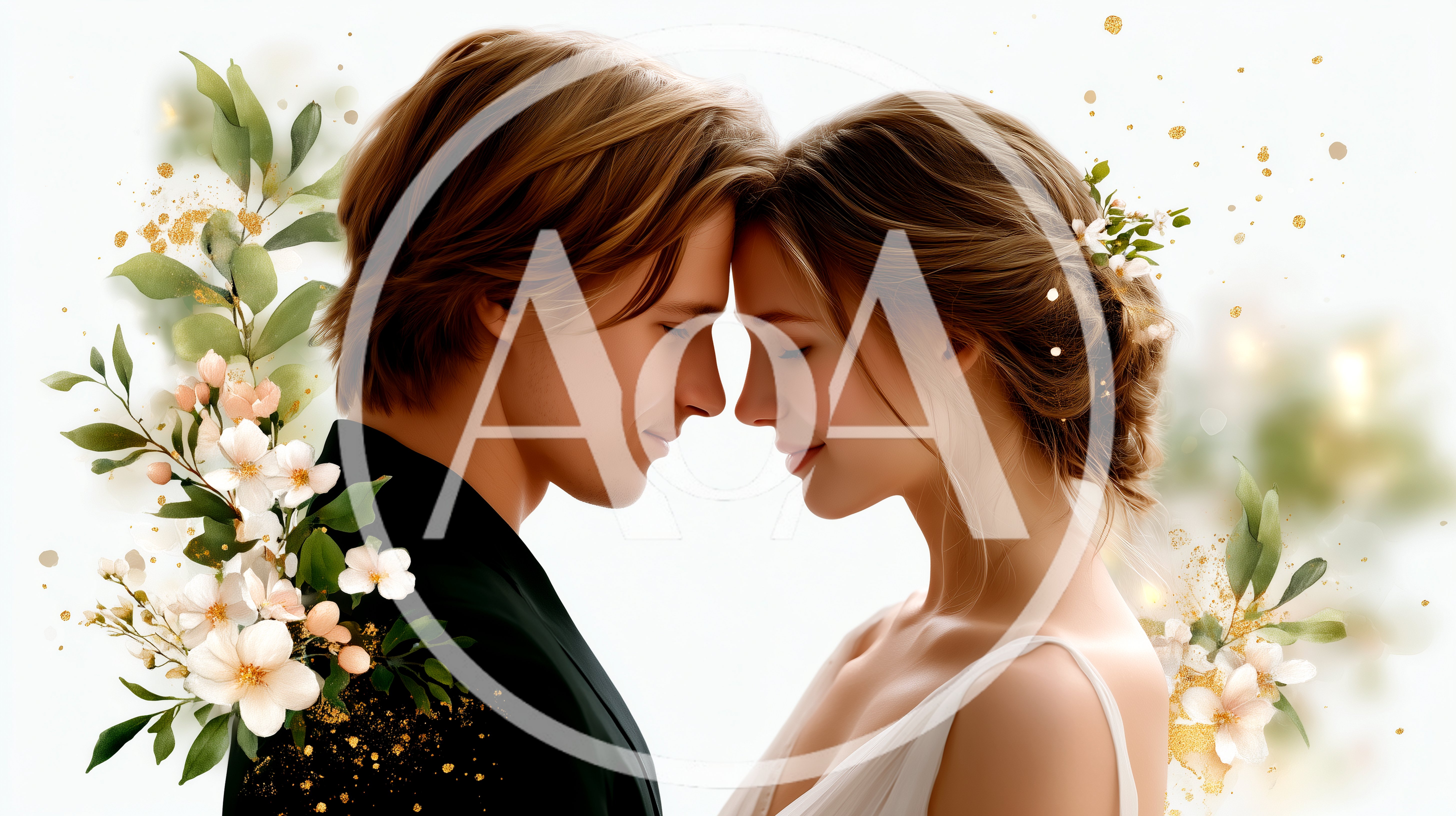 Romantic Couple Foreheads Touching With Floral Accents