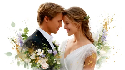 Romantic Newlywed Couple Embracing With Floral Accents
