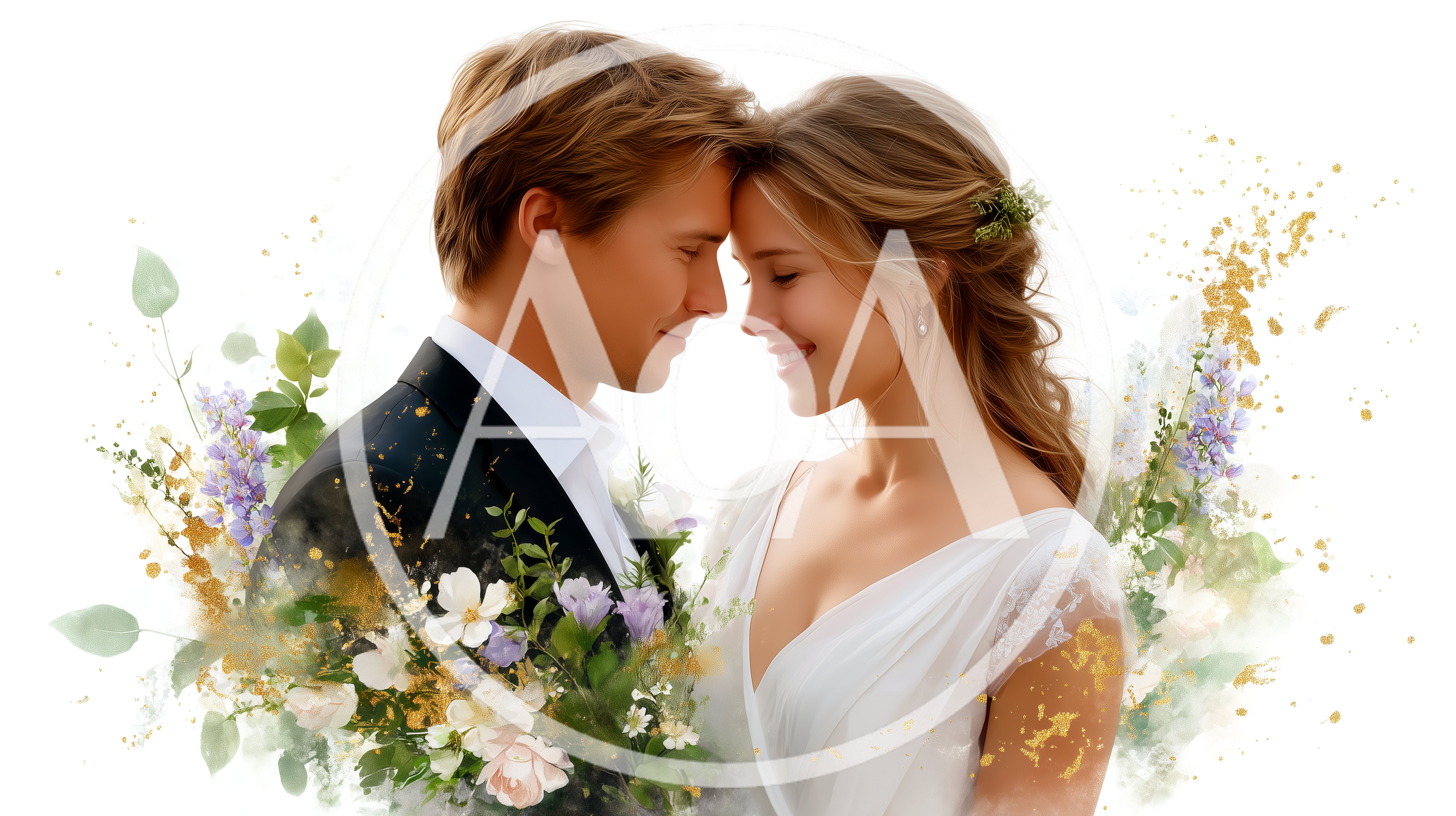 Romantic Newlywed Couple Embracing With Floral Accents