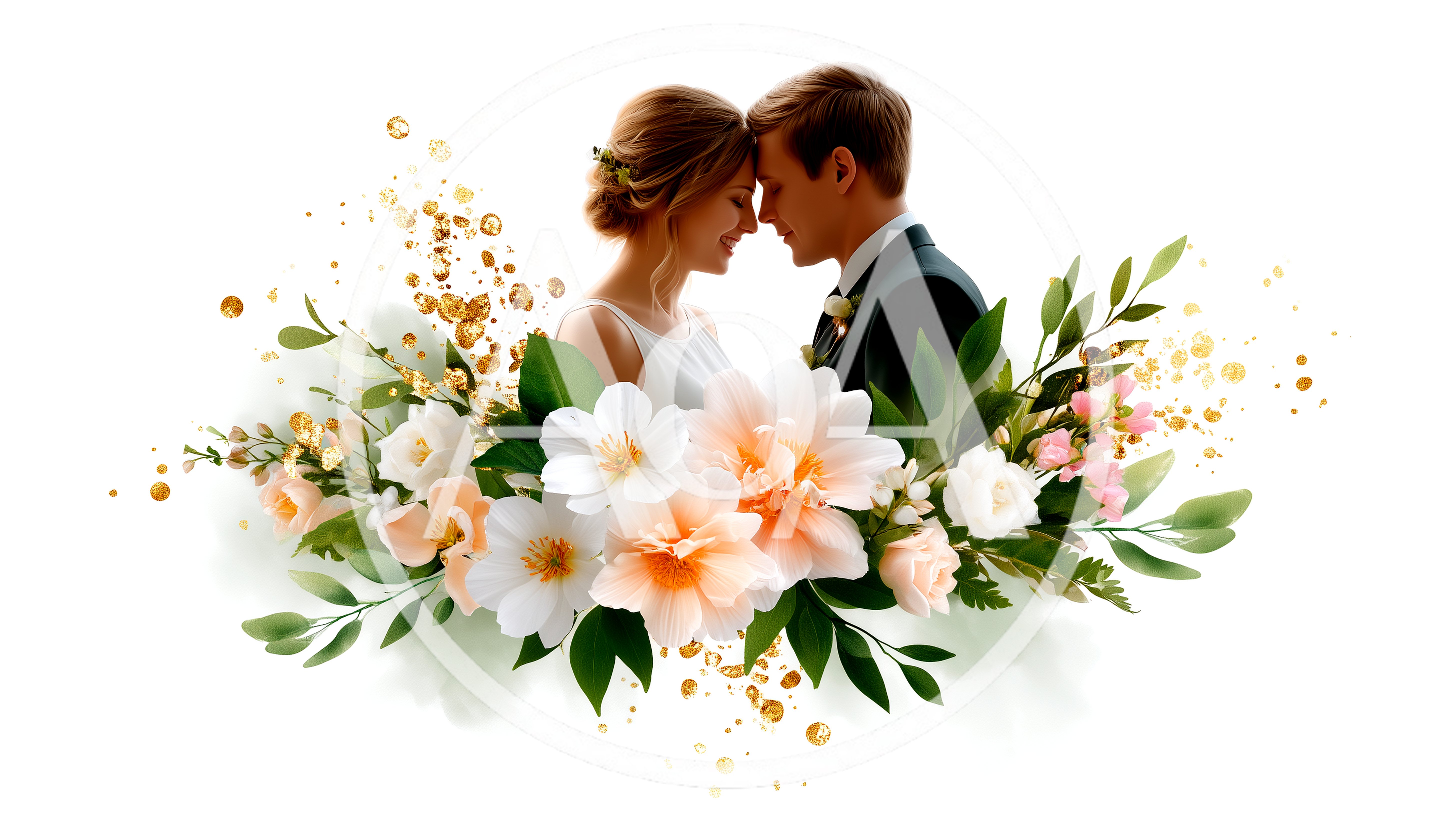 Romantic Wedding Couple With Floral Arrangement