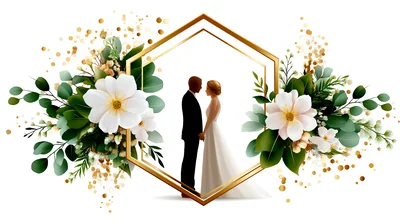 Wedding Couple Standing Inside A Gold Hexagonal Floral Frame