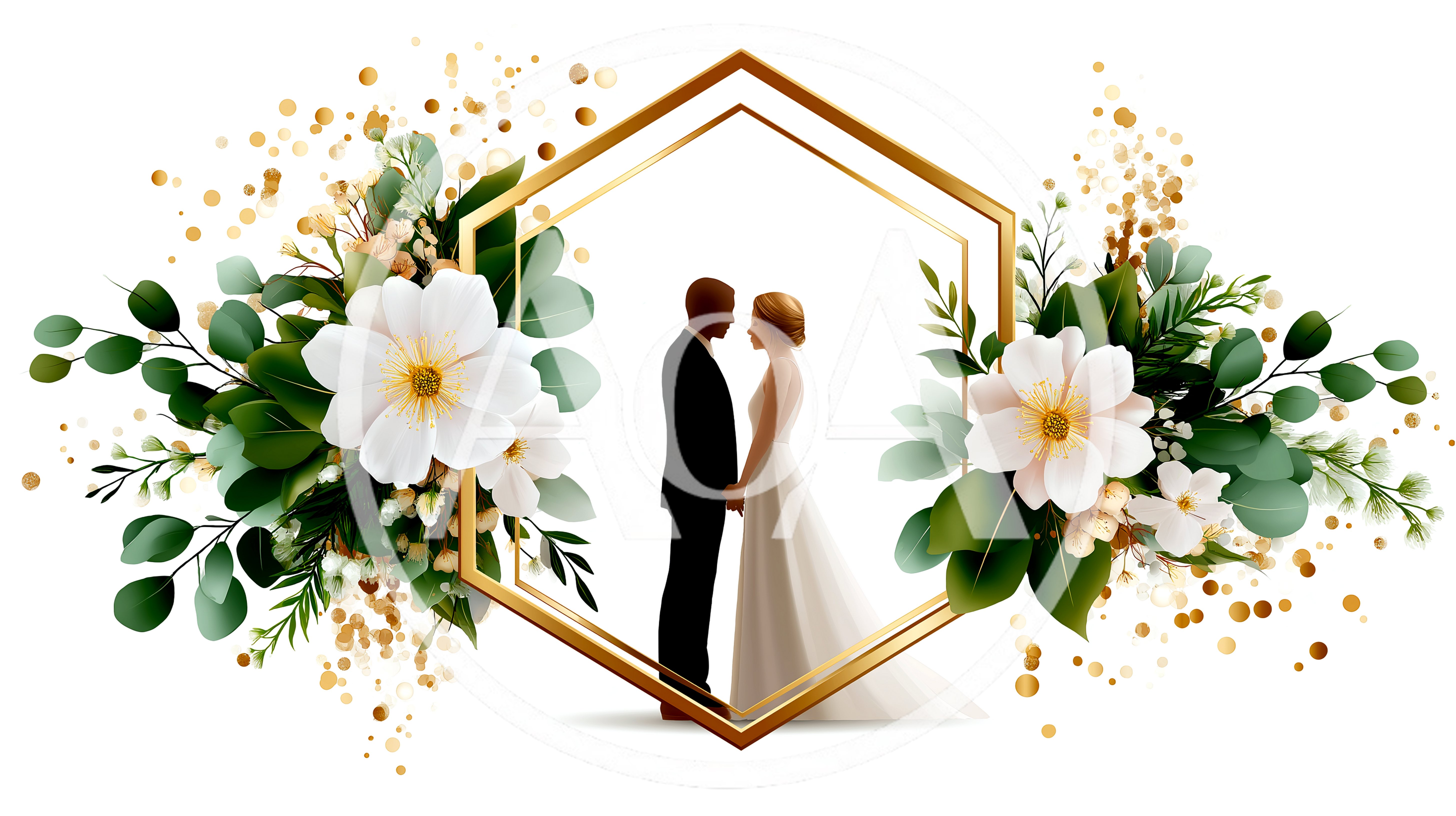 Wedding Couple Standing Inside A Gold Hexagonal Floral Frame