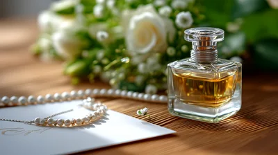 Perfume Bottle With Pearls And Wedding Flowers
