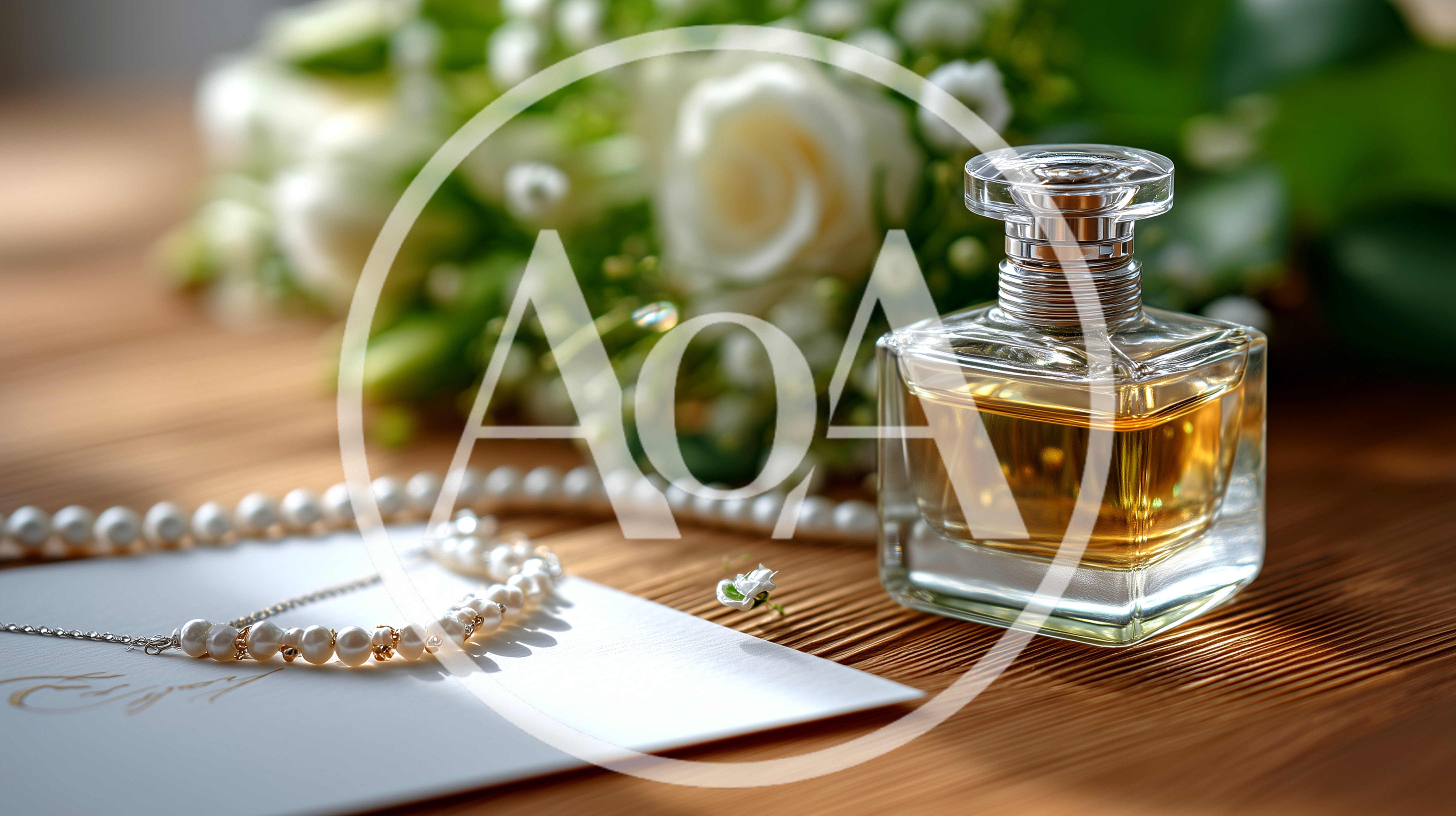 Perfume Bottle With Pearls And Wedding Flowers