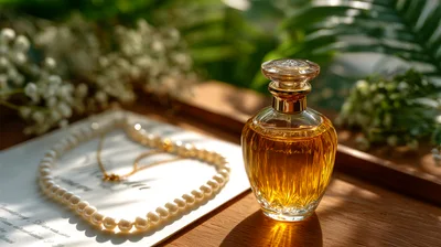 Elegant Perfume Bottle With Pearls On Wooden Table