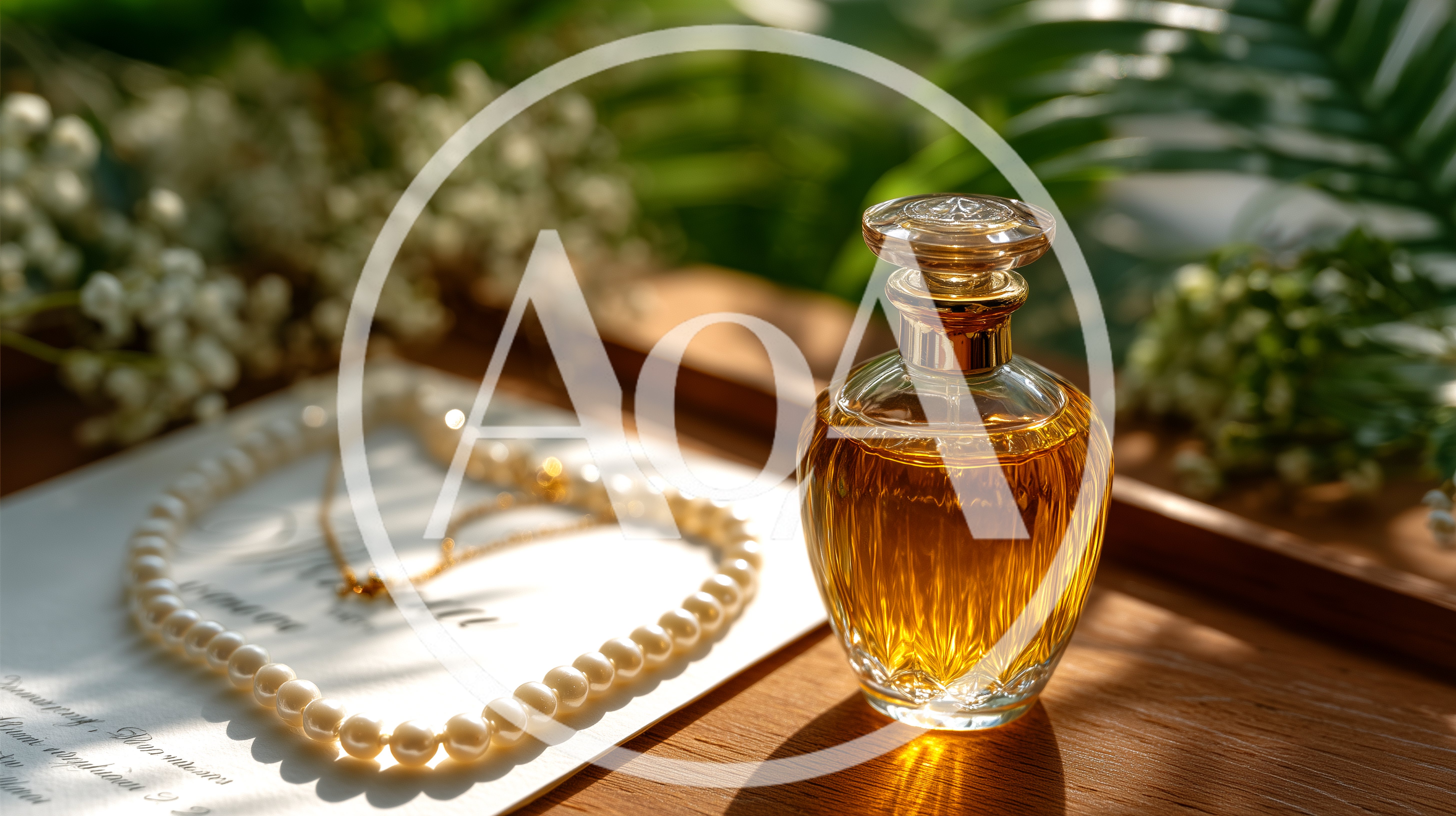 Elegant Perfume Bottle With Pearls On Wooden Table