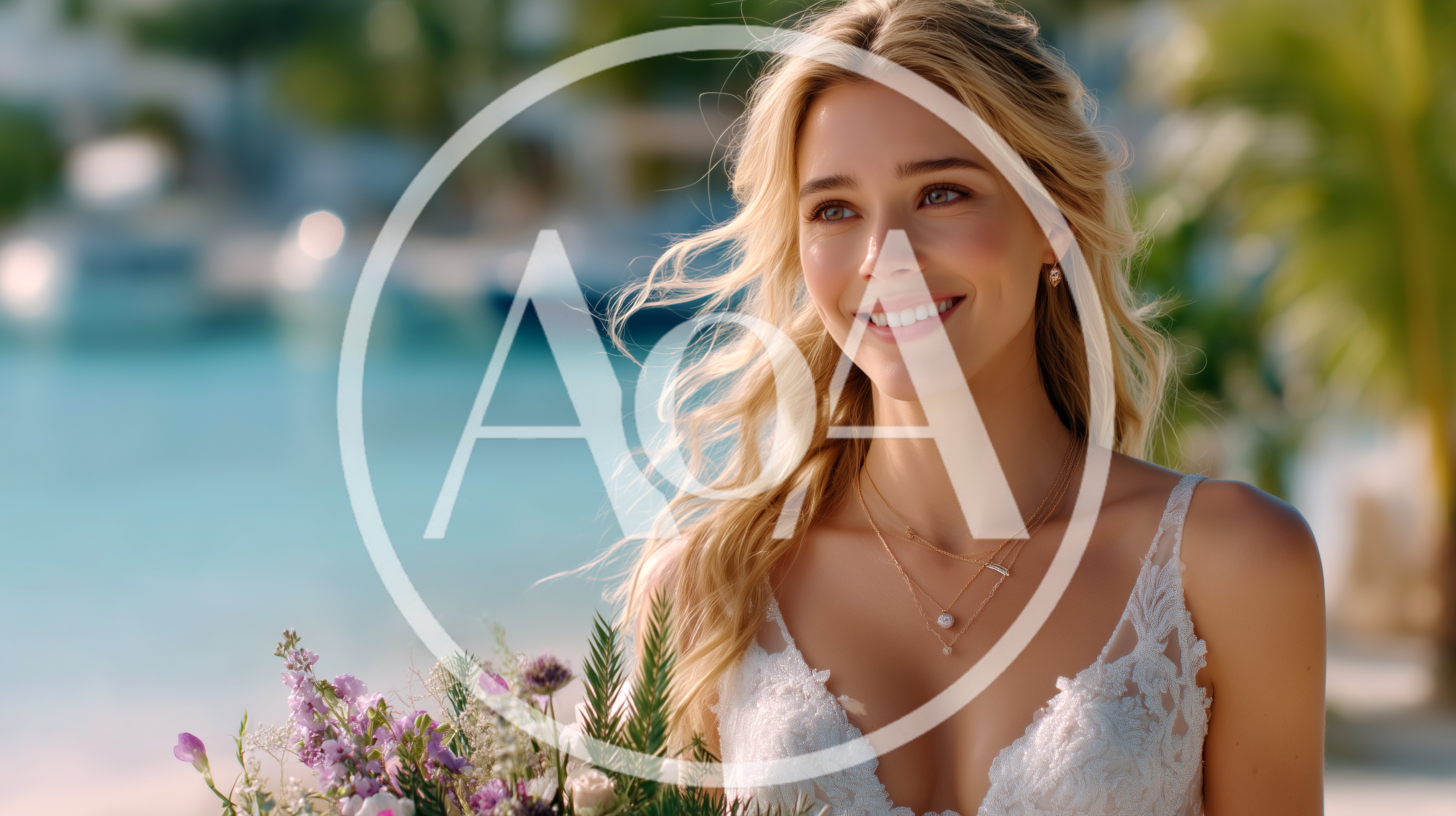 Beautiful Blonde Bride Smiling Outdoors At Tropical Beach