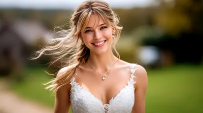 Smiling Bride With Blonde Hair In Wedding Dress