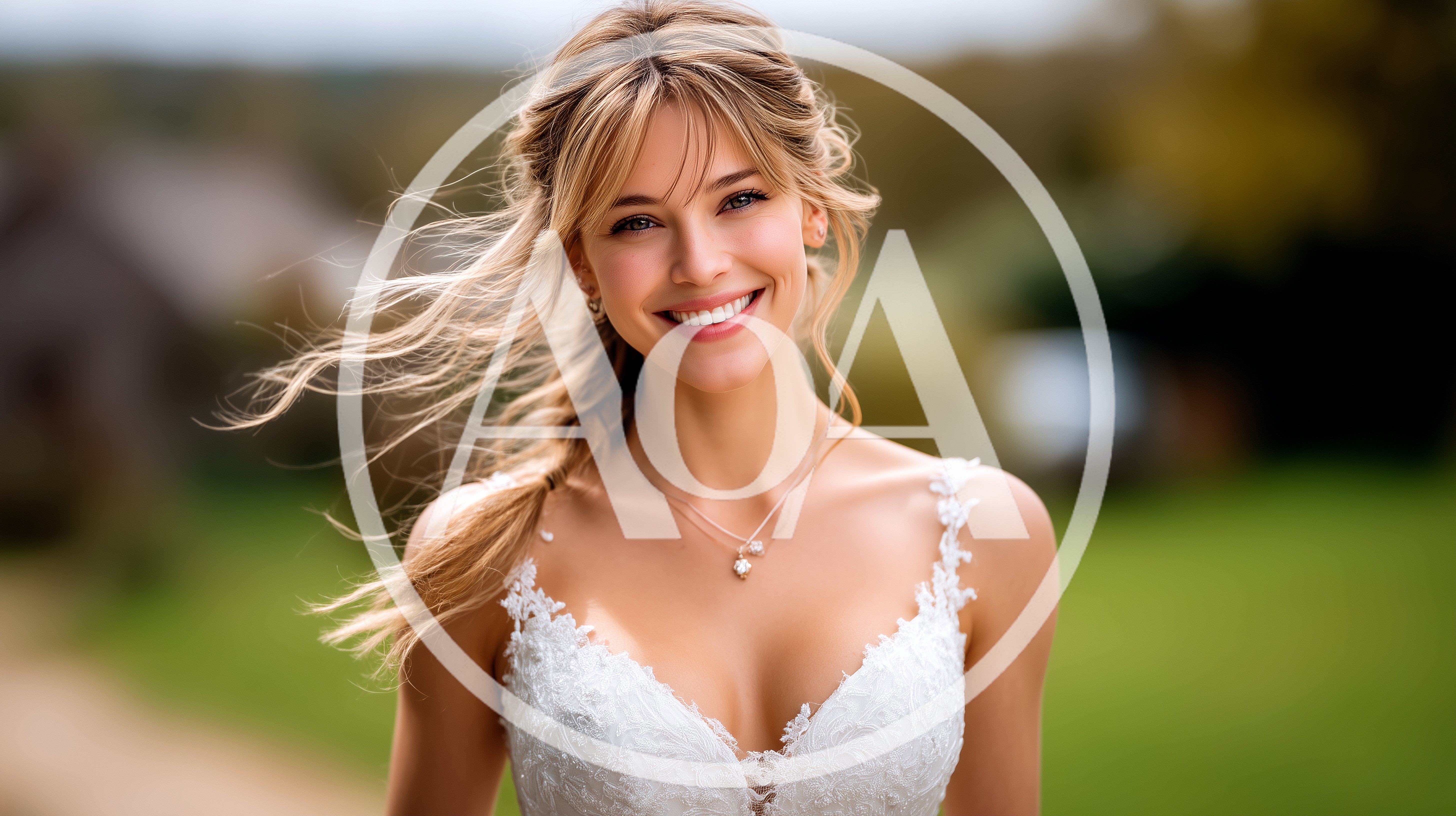 Smiling Bride With Blonde Hair In Wedding Dress