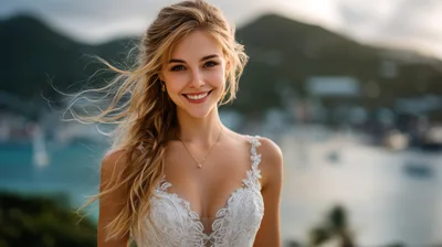Smiling Bride In White Lace Wedding Dress