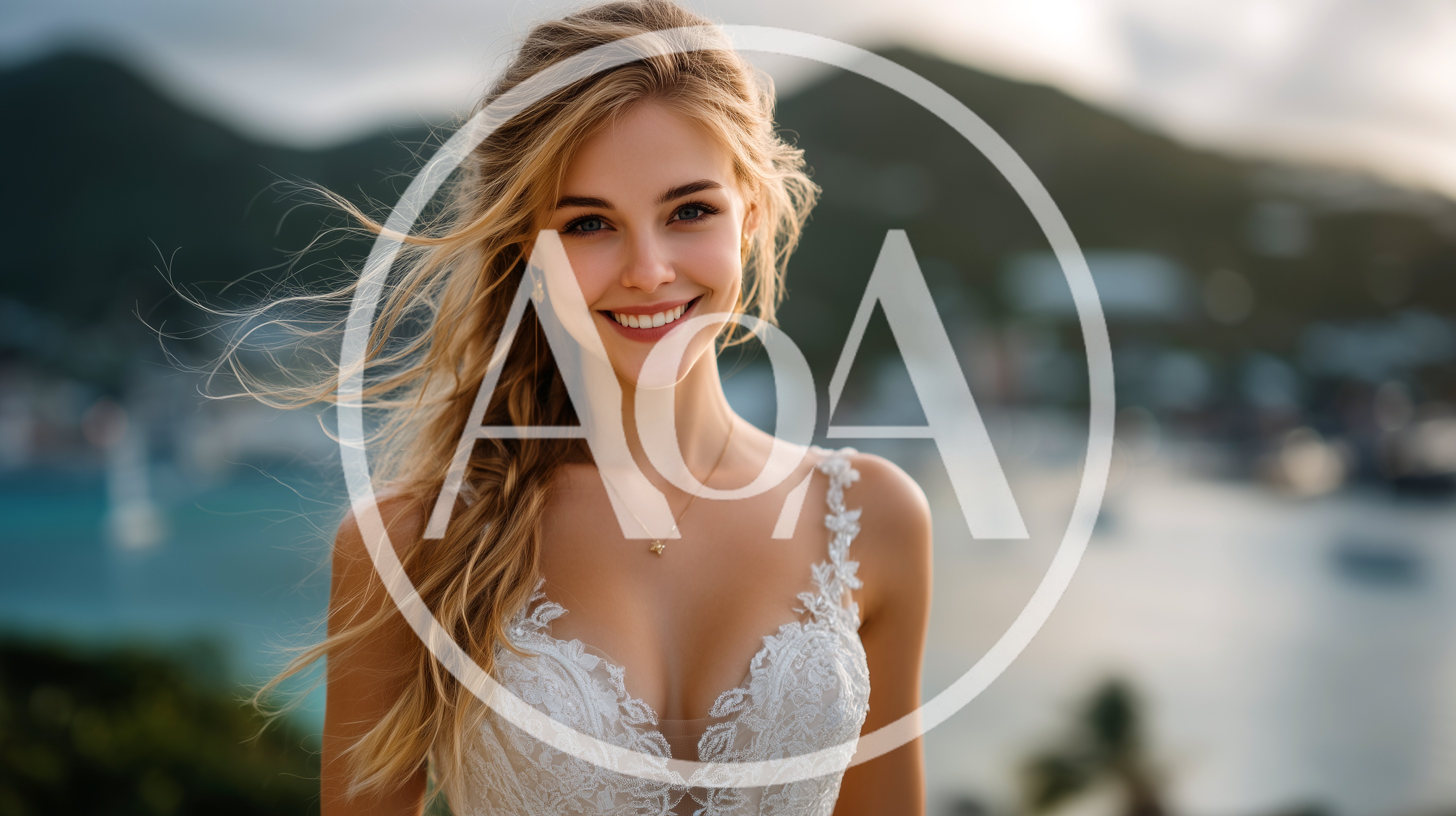 Smiling Bride In White Lace Wedding Dress