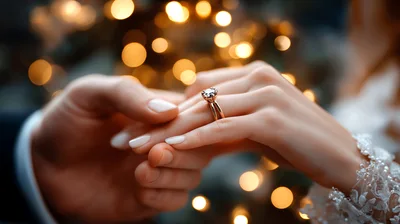 Close Up Of A Groom Placing Engagement Ring On Bride