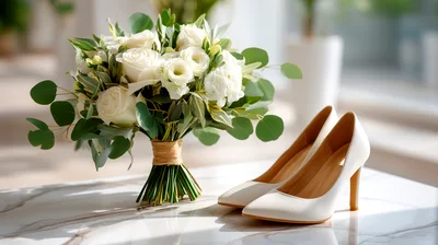 White Wedding Bouquet And Bridal Heels On Marble