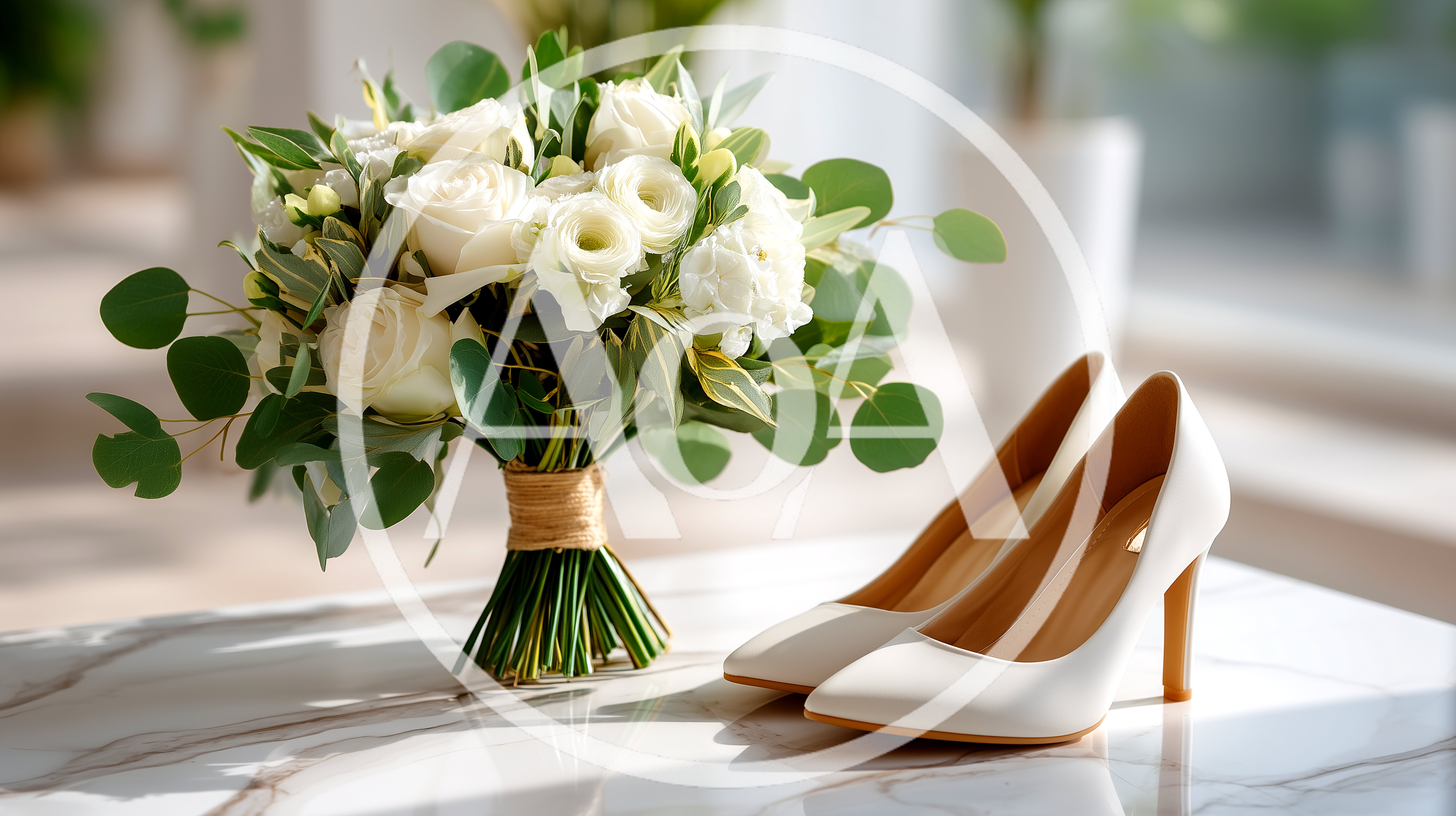 White Wedding Bouquet And Bridal Heels On Marble