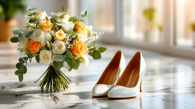 Wedding Bouquet And White Bridal Heels On Marble Floor