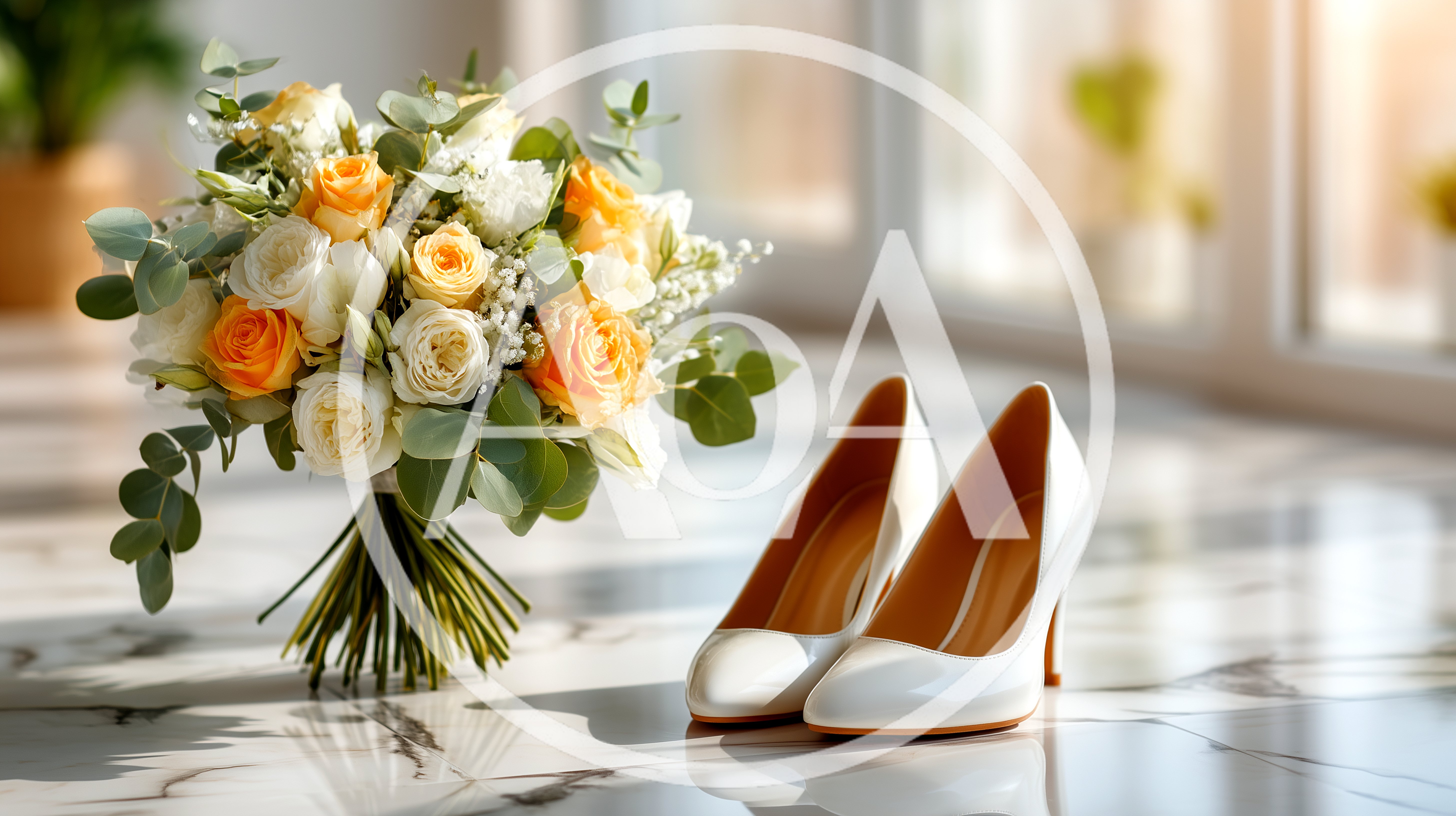 Wedding Bouquet And White Bridal Heels On Marble Floor