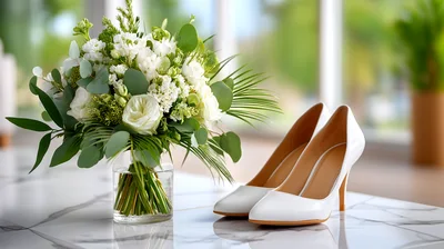 Wedding Bouquet And White High Heels On Marble Table