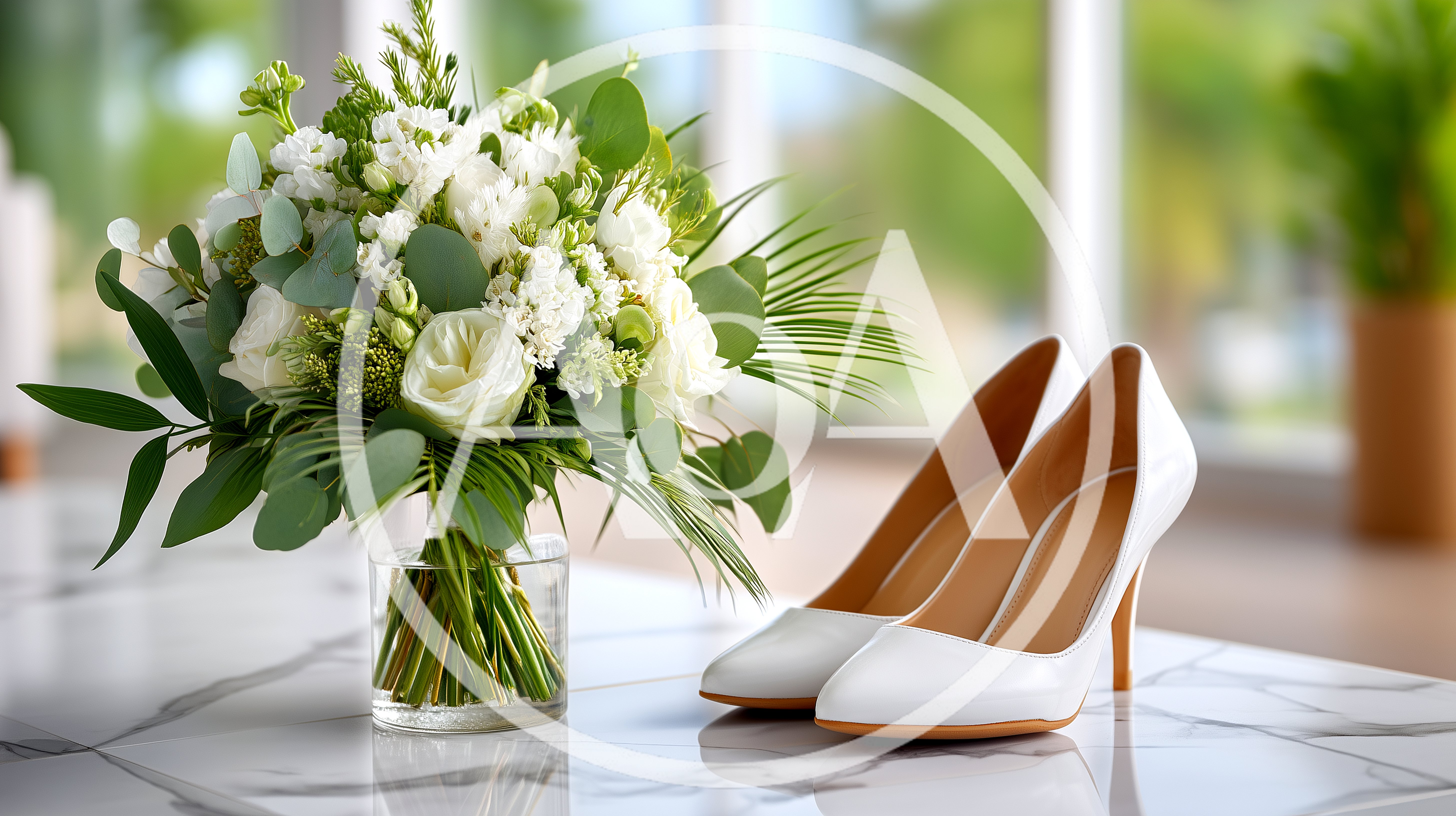 Wedding Bouquet And White High Heels On Marble Table