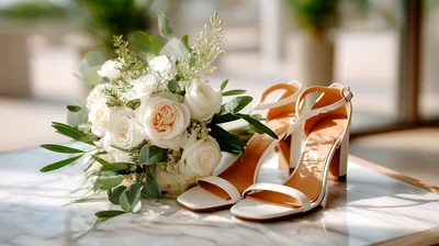 Wedding Bouquet And White Bridal Heels On Marble Table