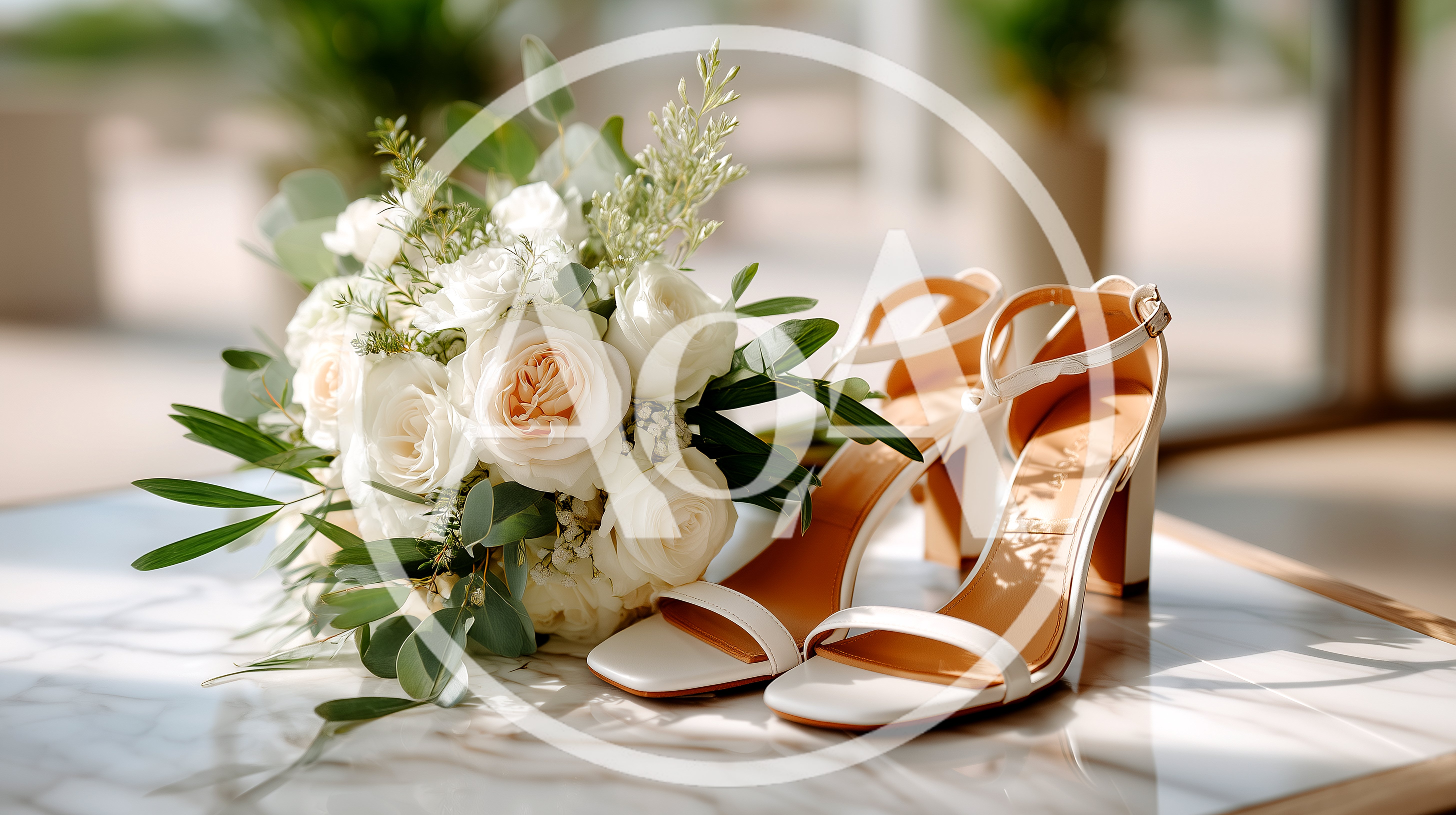 Wedding Bouquet And White Bridal Heels On Marble Table