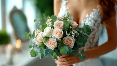 Bride Holding A Beautiful Wedding Bouquet Of Roses