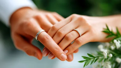 Close Up Of A Couple Holding Hands With Wedding Rings
