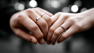 Close Up Of A Couple Holding Hands With Wedding Rings