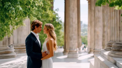 Romantic Couple Embracing Between Classical Stone Columns