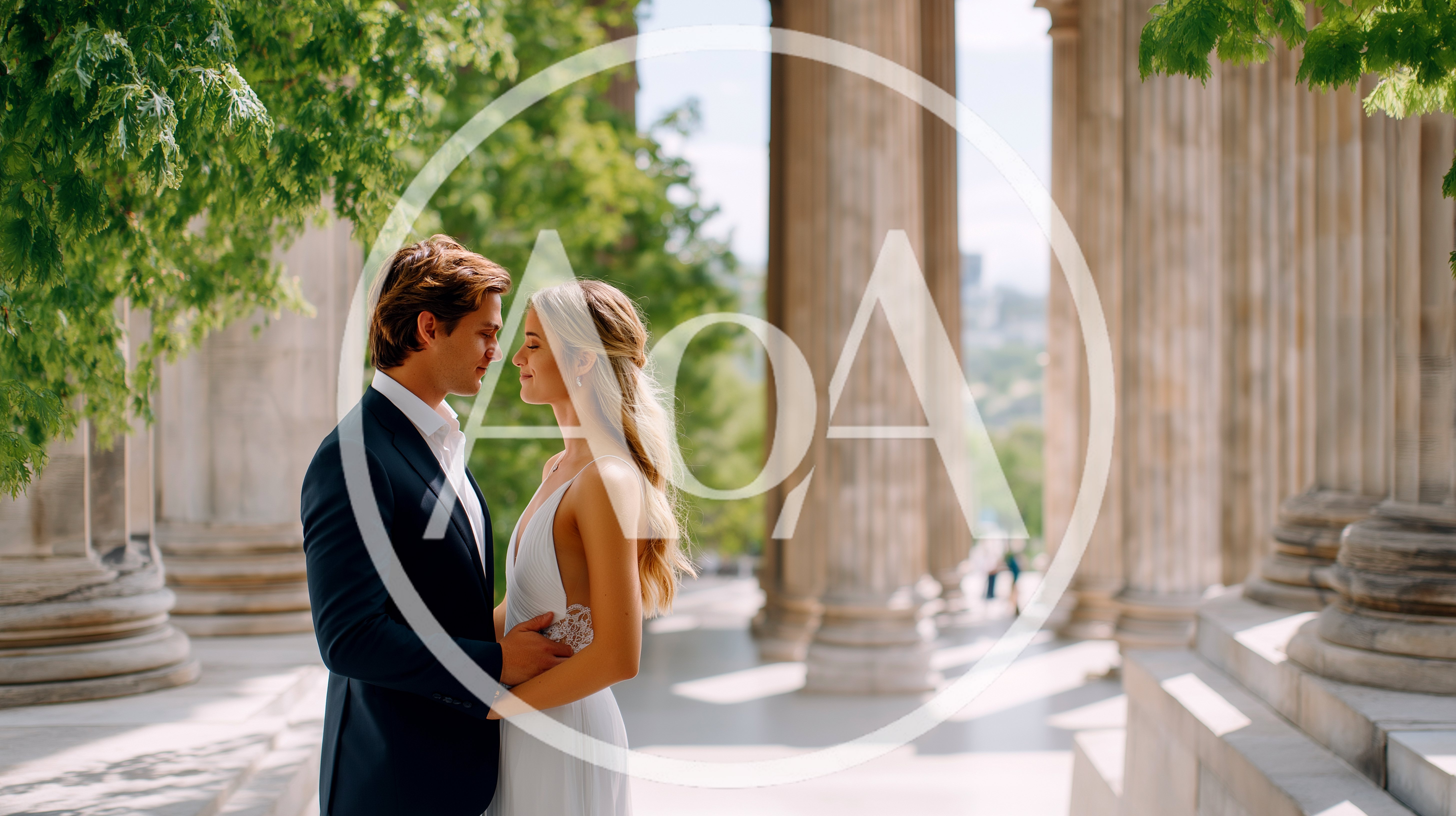 Romantic Couple Embracing Between Classical Stone Columns