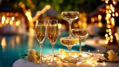 Champagne Flutes And Coupe Tower At Evening Poolside Party