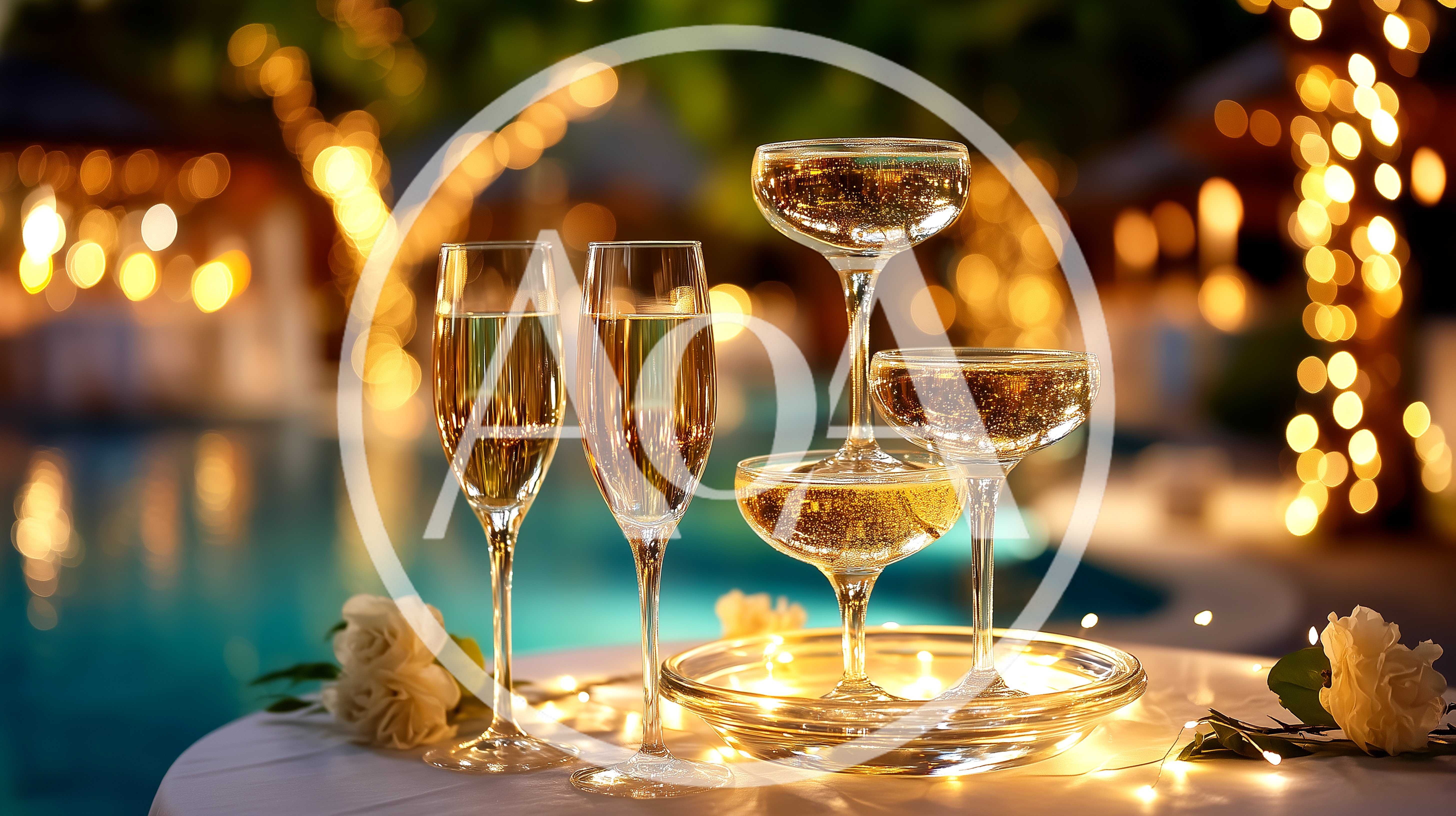 Champagne Flutes And Coupe Tower At Evening Poolside Party