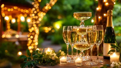 Champagne Tower With Flutes And Bottle At Outdoor Celebration