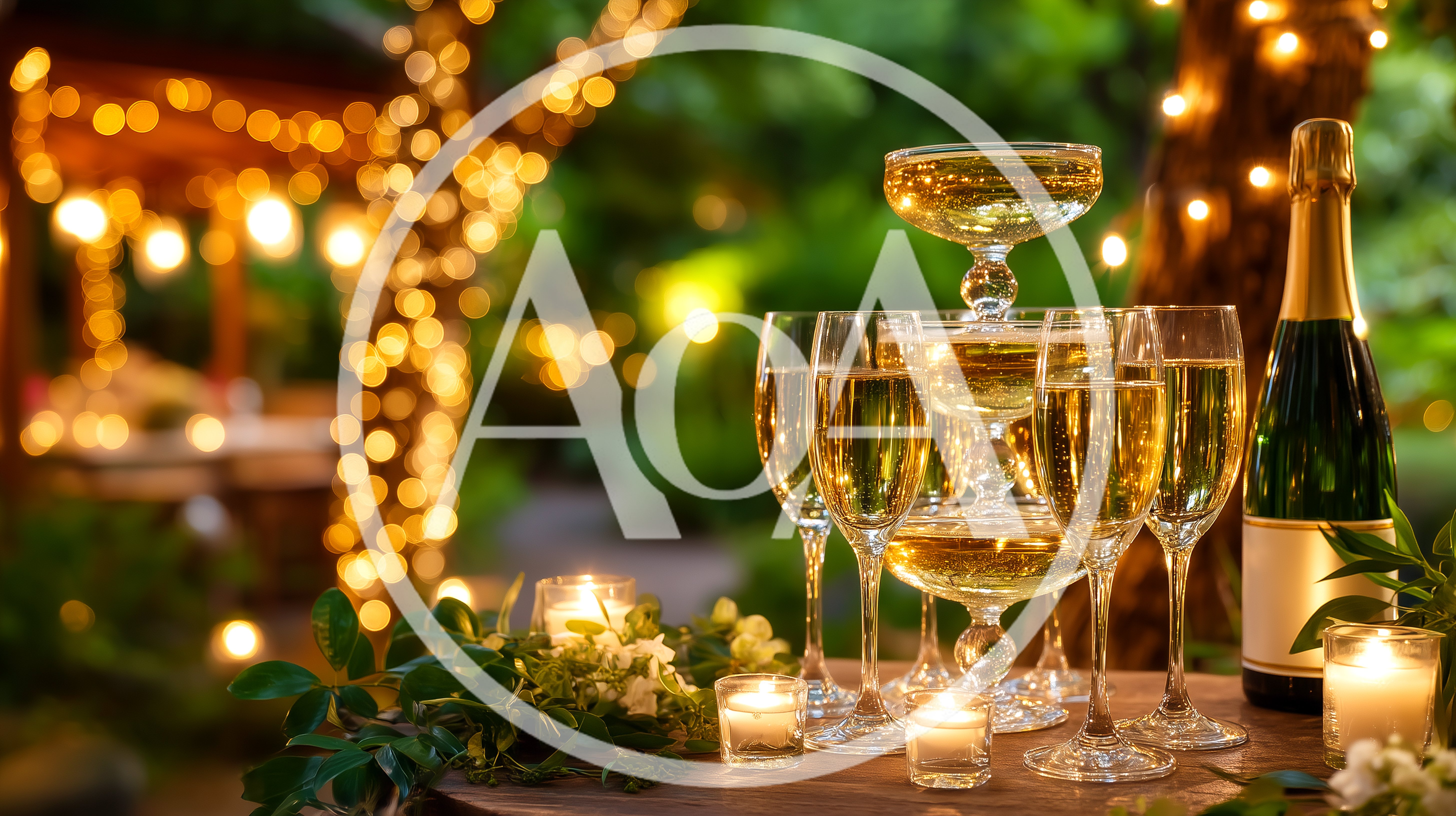 Champagne Tower With Flutes And Bottle At Outdoor Celebration