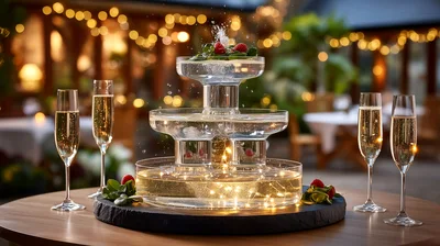 Champagne Fountain Display With Flutes On Outdoor Table