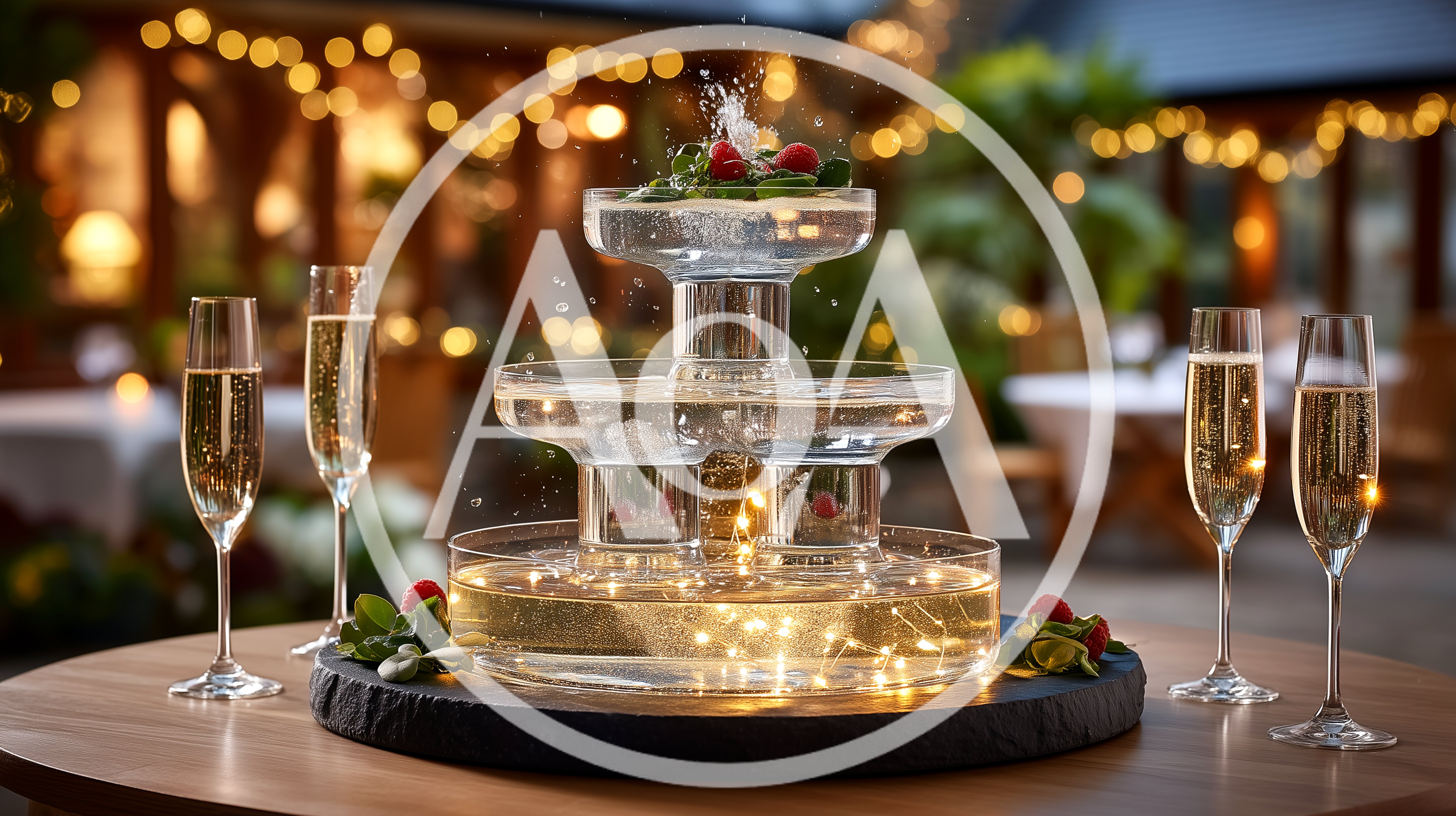Champagne Fountain Display With Flutes On Outdoor Table